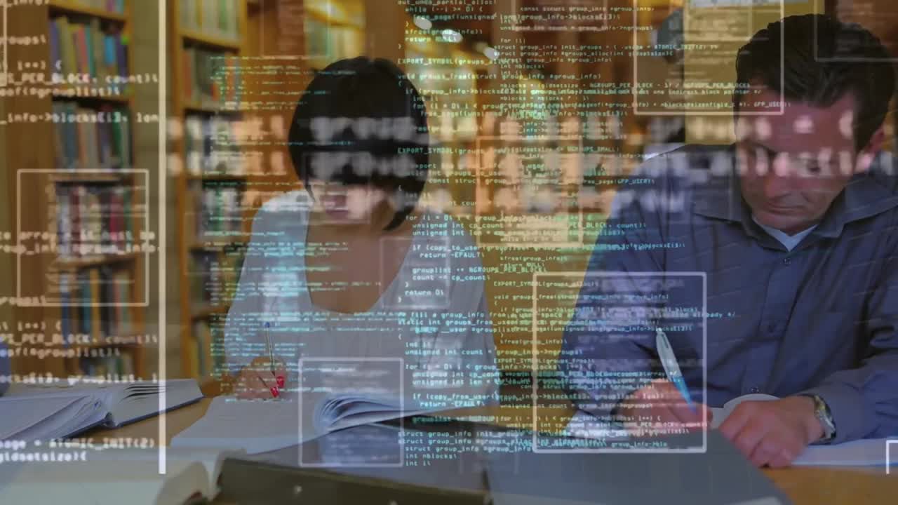 animación del procesamiento de datos sobre diversas personas en la biblioteca