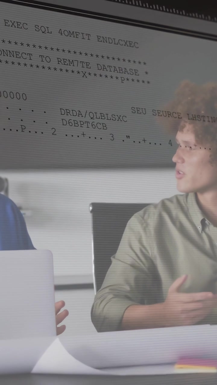 Video vertical: Dos profesionales de la tecnología revisando código, portátil mostrando superposición de texto de terminal ocultando las manos
