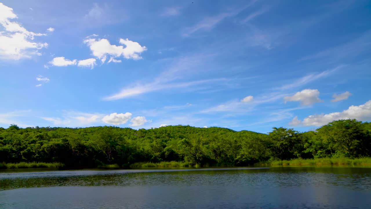 Wide shot of a calm tropical lake surrounded by lush forest under a bright blue sky with scattered clouds. Captures peaceful nature and landscape beauty in daylight
