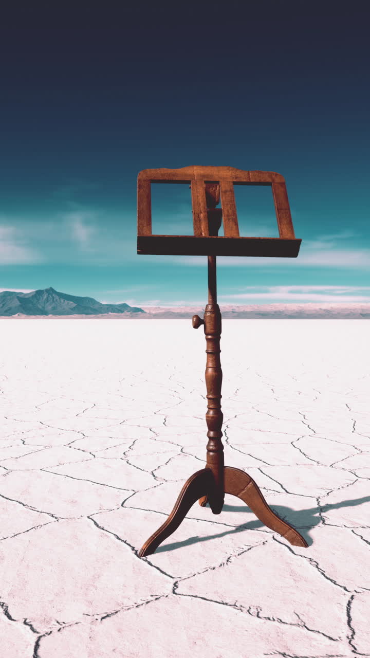 un soporte de música de madera en un paisaje desértico