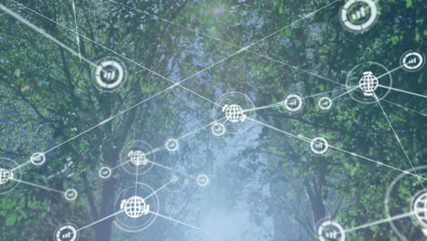 network of connections and data processing animation over forest background