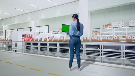 Full Body Back View Of Asian Female With Conveyor for Packaging Coffee Beans in Bags at Coffee Factory, Typing On Laptop'S Keyboard With Green Screen And Look At The Factory Once