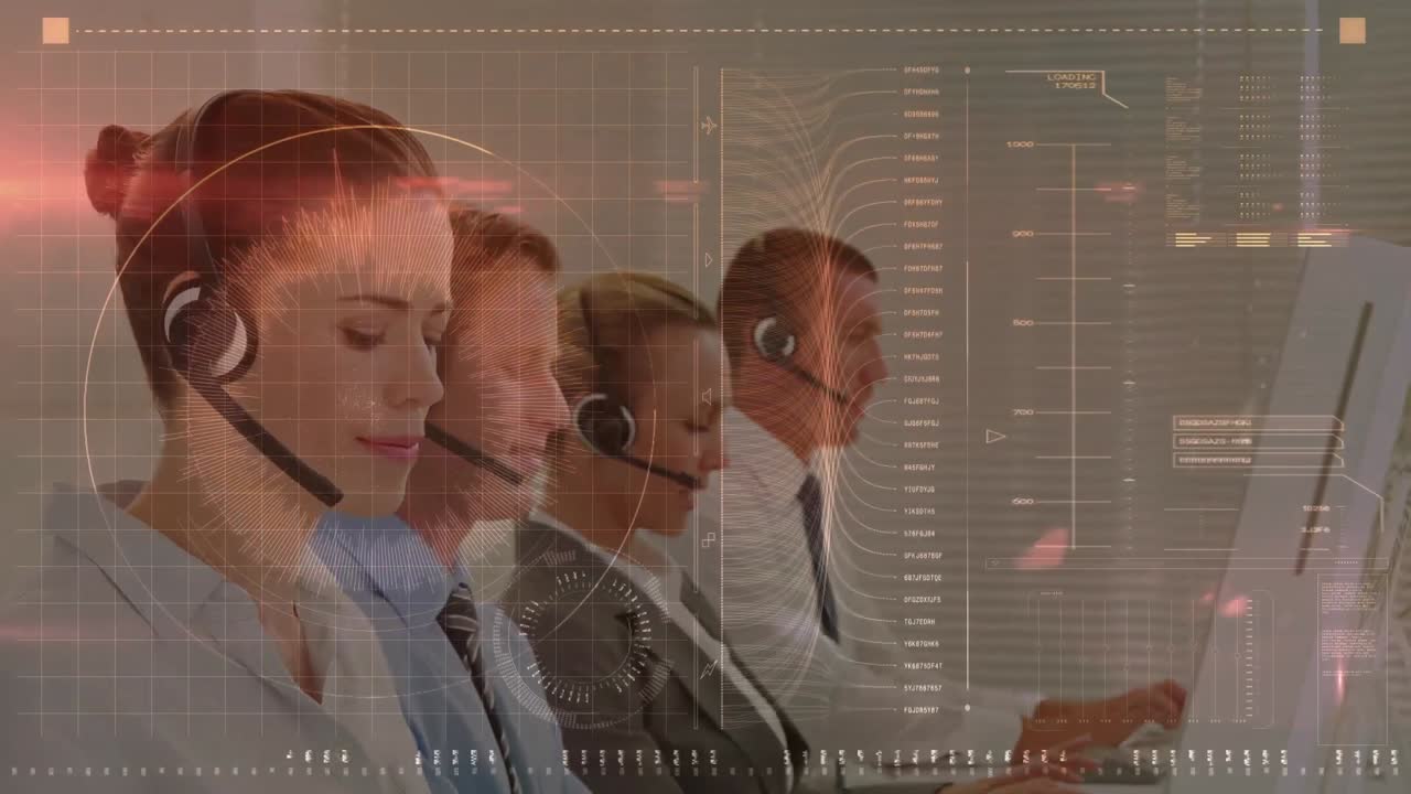 animación del procesamiento de datos financieros sobre personas de negocios que trabajan en la oficina