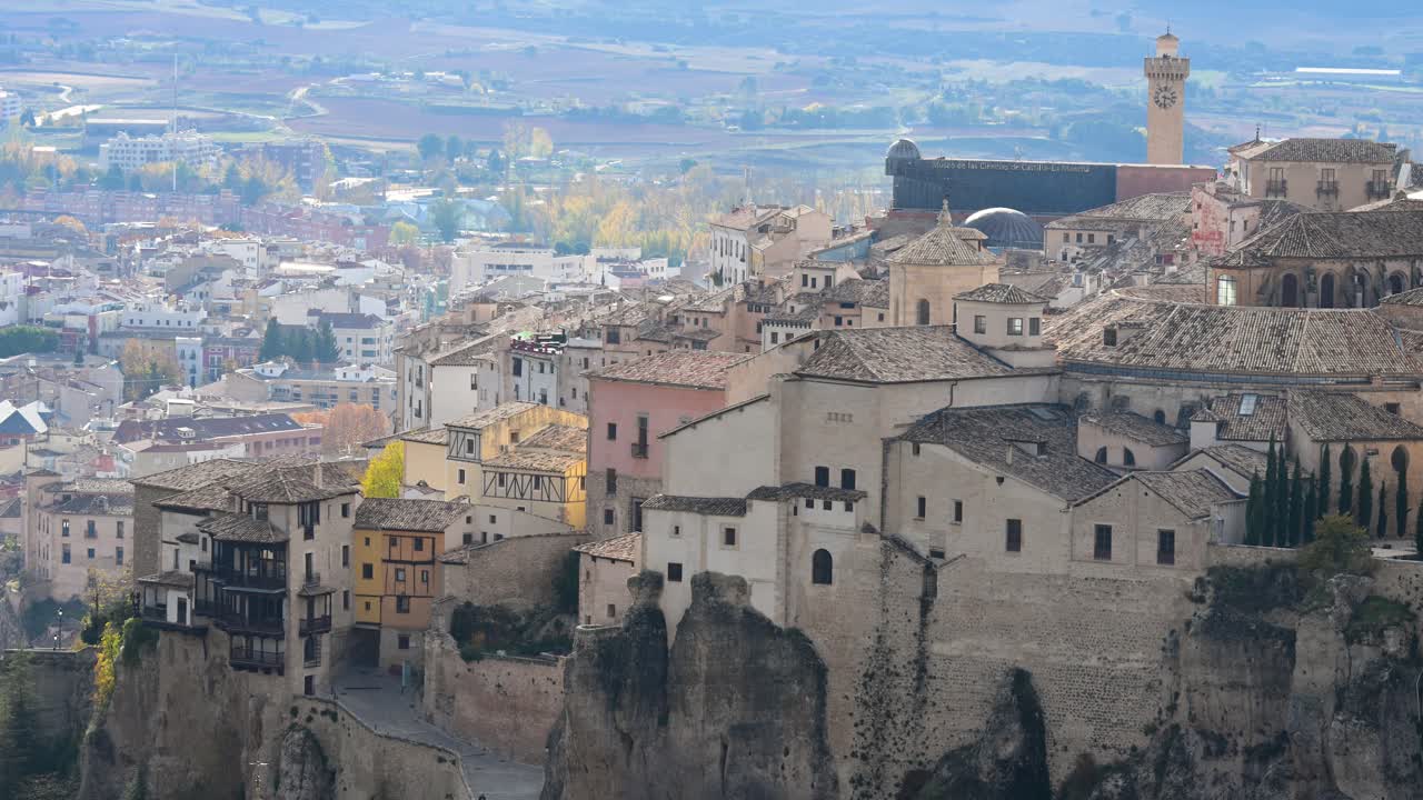 Close-up view of the marvel of medieval engineering, the Hanging Houses (Casas Colgadas) in Cuenca, Spain, showcase a unique form of architecture built into a sheer cliff face.