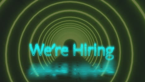 animation of we're hiring text over neon circles on black background