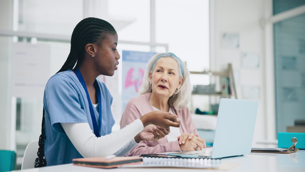 Doctor, senior woman and computer for healthcare