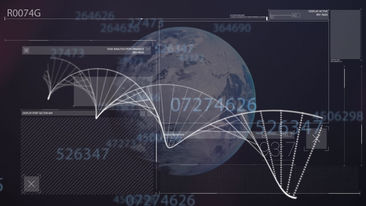 animación del procesamiento de datos sobre la cadena de adn y el globo sobre fondo negro