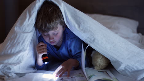 close-up view of cute little boy using a flashlight and reading a book under the blanket at night