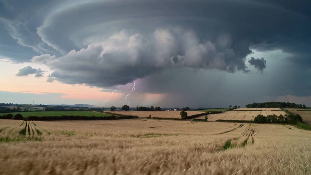 Rotating storm cloud approaching and intensifying over golden grain fields, forming dark rain shaft