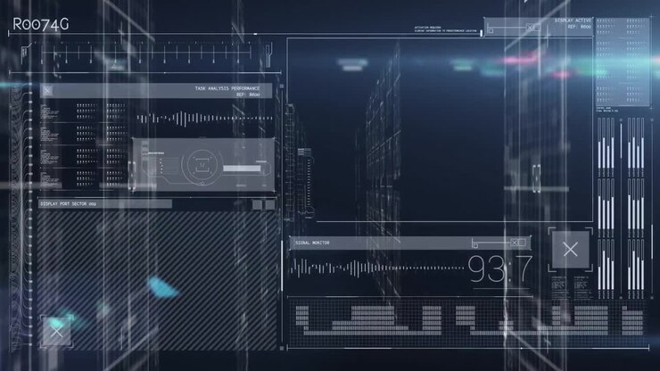 Animation of diverse data processing over black background with light