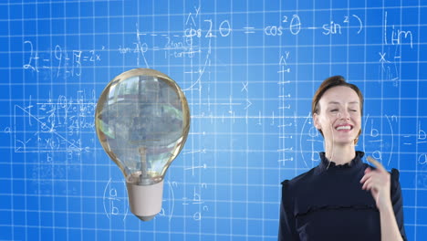 Animation of lightbulb and caucasian businesswoman over mathematical data processing