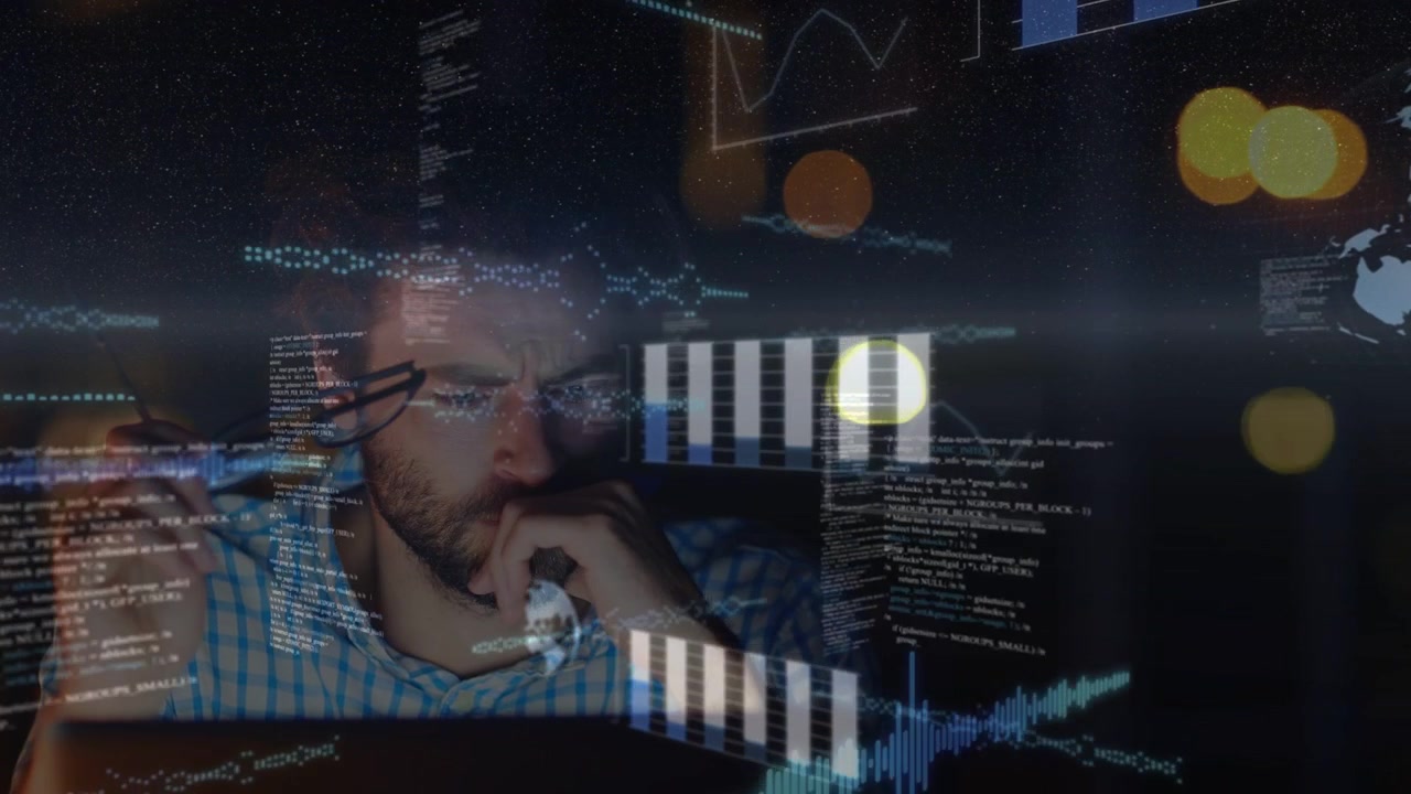 Vertical video: New data sparking charts code hud reflecting on glasses dev working monitoring data
