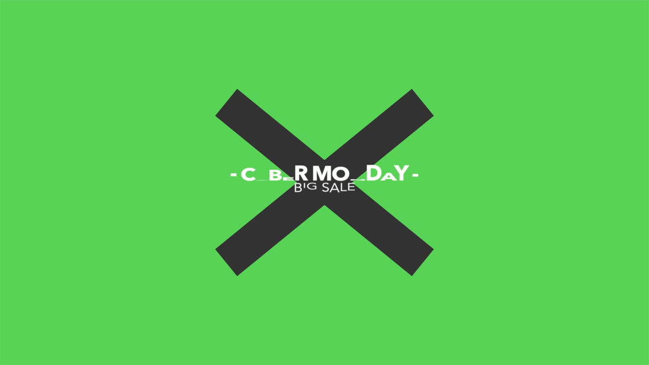 Animation intro text Cyber Monday on green fashion and minimalism background with geometric black cross