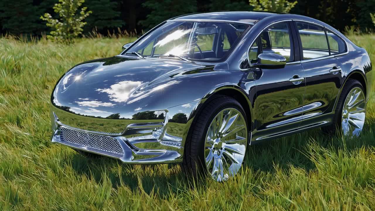 Chrome luxury vehicle nestled among verdant grassy landscape, reflecting surrounding trees and sky, creating seamless camouflage like visual blend between automotive design and natural environment
