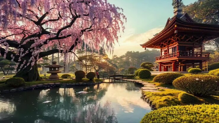 Video di un sereno giardino giapponese con una vista dal basso dei fiori di ciliegio e una pagoda tradizionale