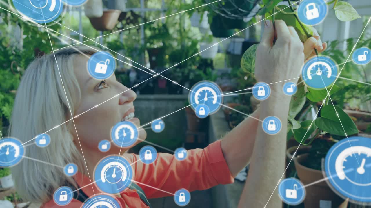 Donna che si prende cura di piante pendenti in serra, con movimenti delle mani che creano una rete di icone blu per la tecnologia.