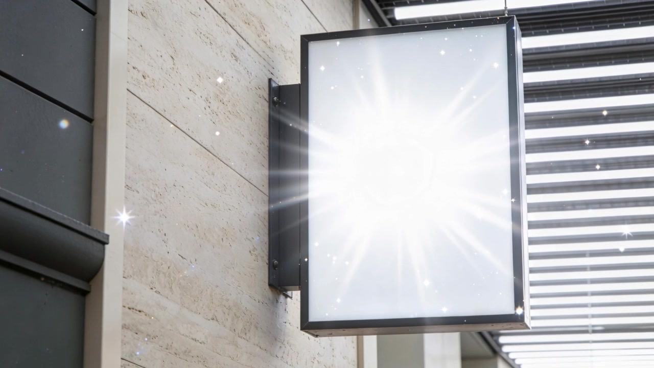 Sunlight producing flaring glare across rectangular sign on stone wall, revealing lens specks