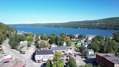 aerial view of hammondsport ny overlooking the village out to keuka lake in the finger lakes