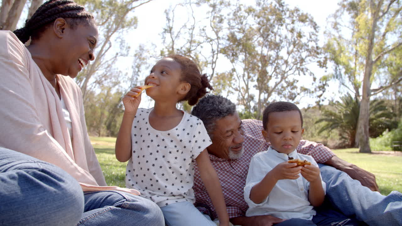 Avós comendo comida de piquenique no parque com os netos