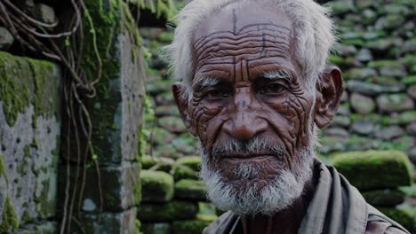 portrait of an elderly indonesian man with a white beard and weathered face, standing beside an ancient, moss covered stone wall, exuding wisdom and the passage of time