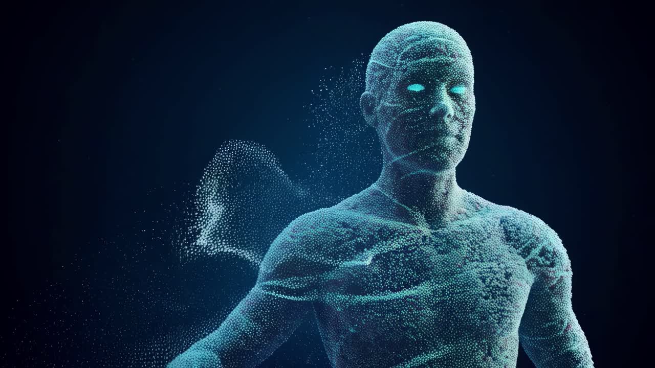 Digital figure composed of particles displays vibrant energy in a futuristic environment during a creative exploration
