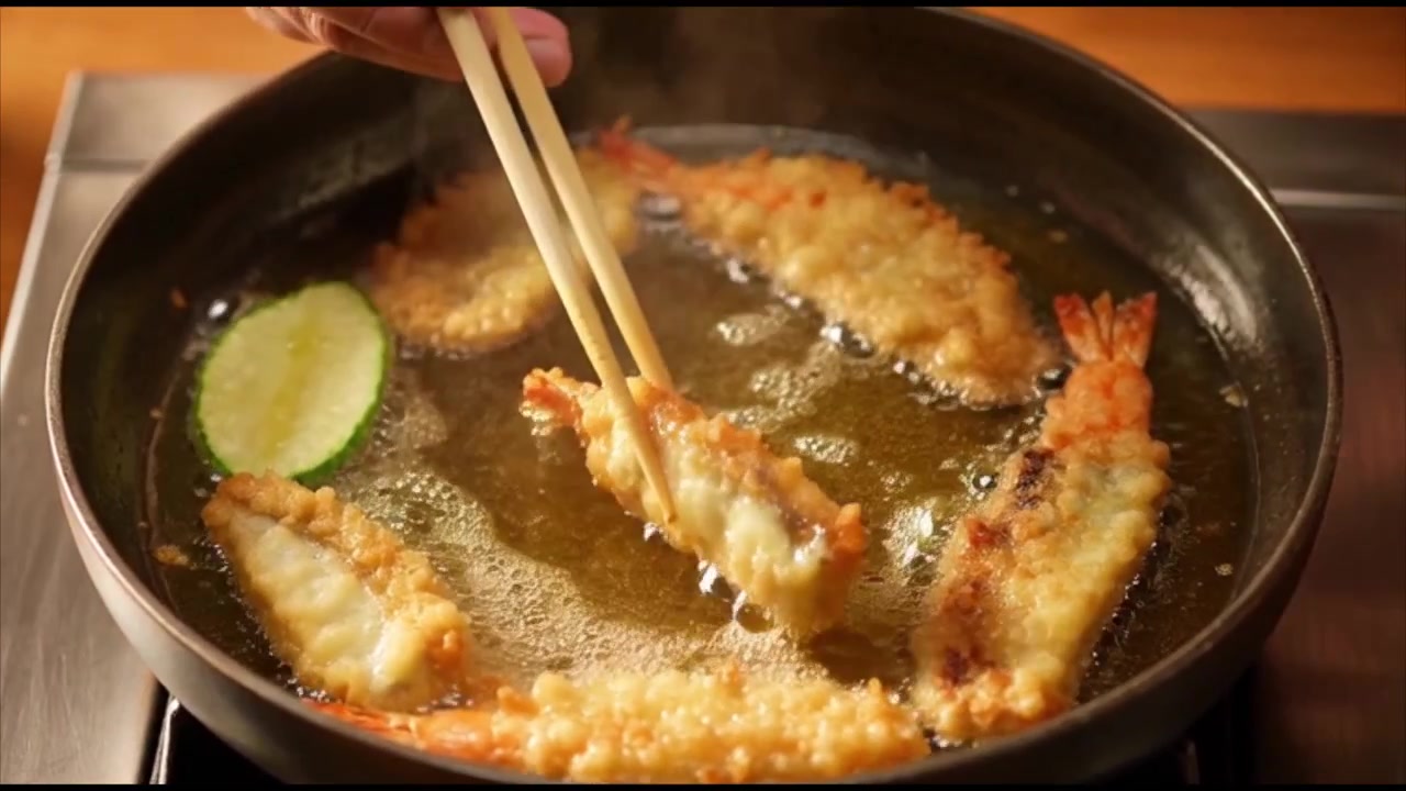 鍋で海老の天ぷらを揚げる料理人