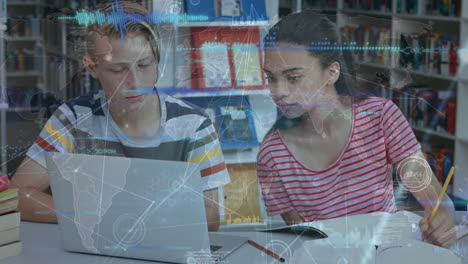 animación del globo y conexiones a través de diversos alumnos adolescentes con computadora portátil