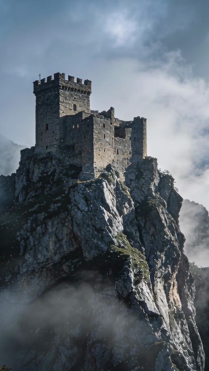 Vertical video: Rising camera revealing keep on cliff, mist thinning and crenellated tower rising