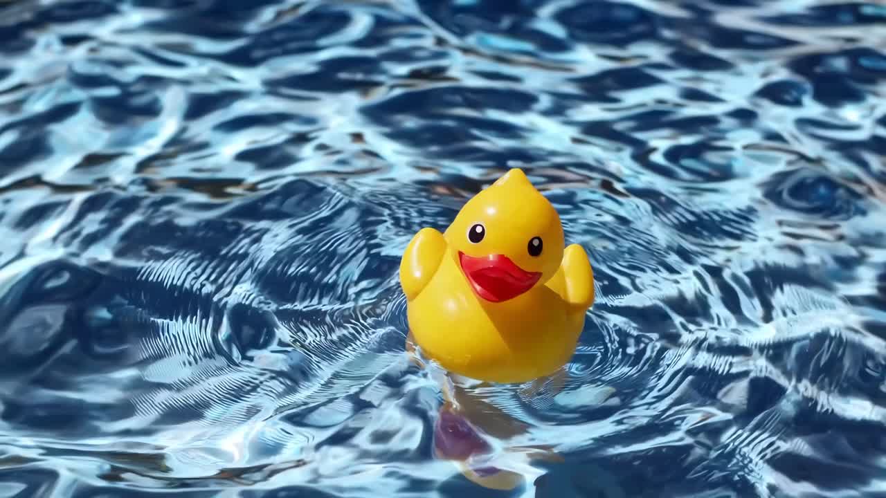 Aerial view of a yellow rubber duck floating in a pool, capturing playful vibes