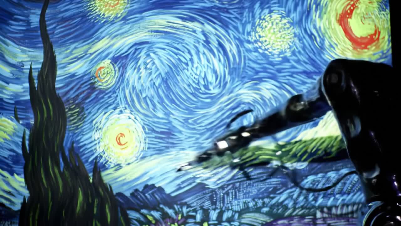 A Robotic Arm Creatively Reinterpreting a Vibrant Starry Night Painting, Showcasing the Intersection of Technology and Art in a Captivating Display