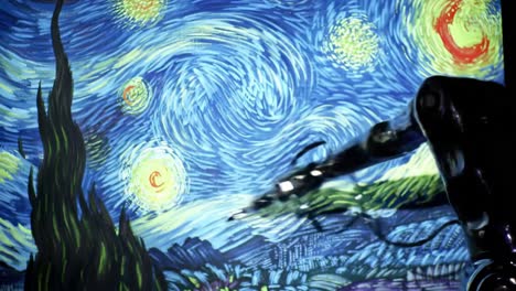 a robotic arm creatively reinterpreting a vibrant starry night painting, showcasing the intersection of technology and art in a captivating display