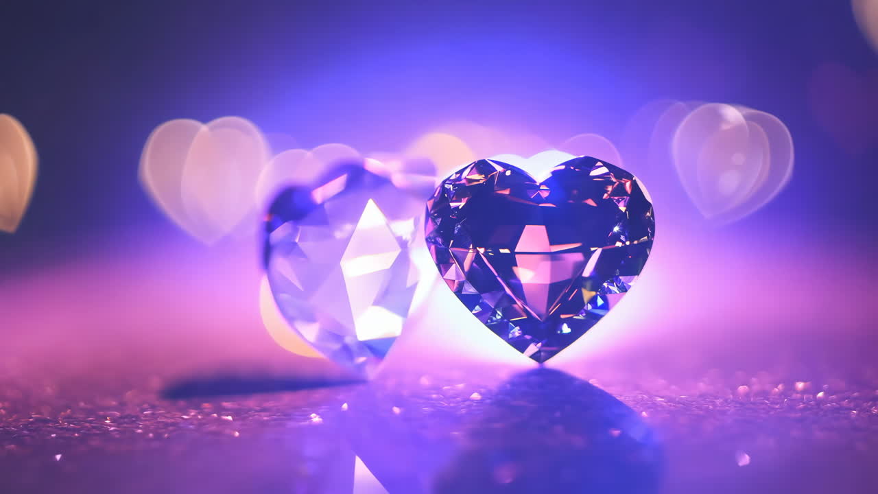 A heart shaped diamond is on a red background. The diamond is surrounded by a blurry background of hearts