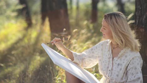 a girl artist a woman paints a landscape a summer forest hobby - a girl artist, a woman paints a landscape, a summer forest. a beautiful artist draws in the grass an artist paints a picture on a sunny summer day in a meadow. hobby