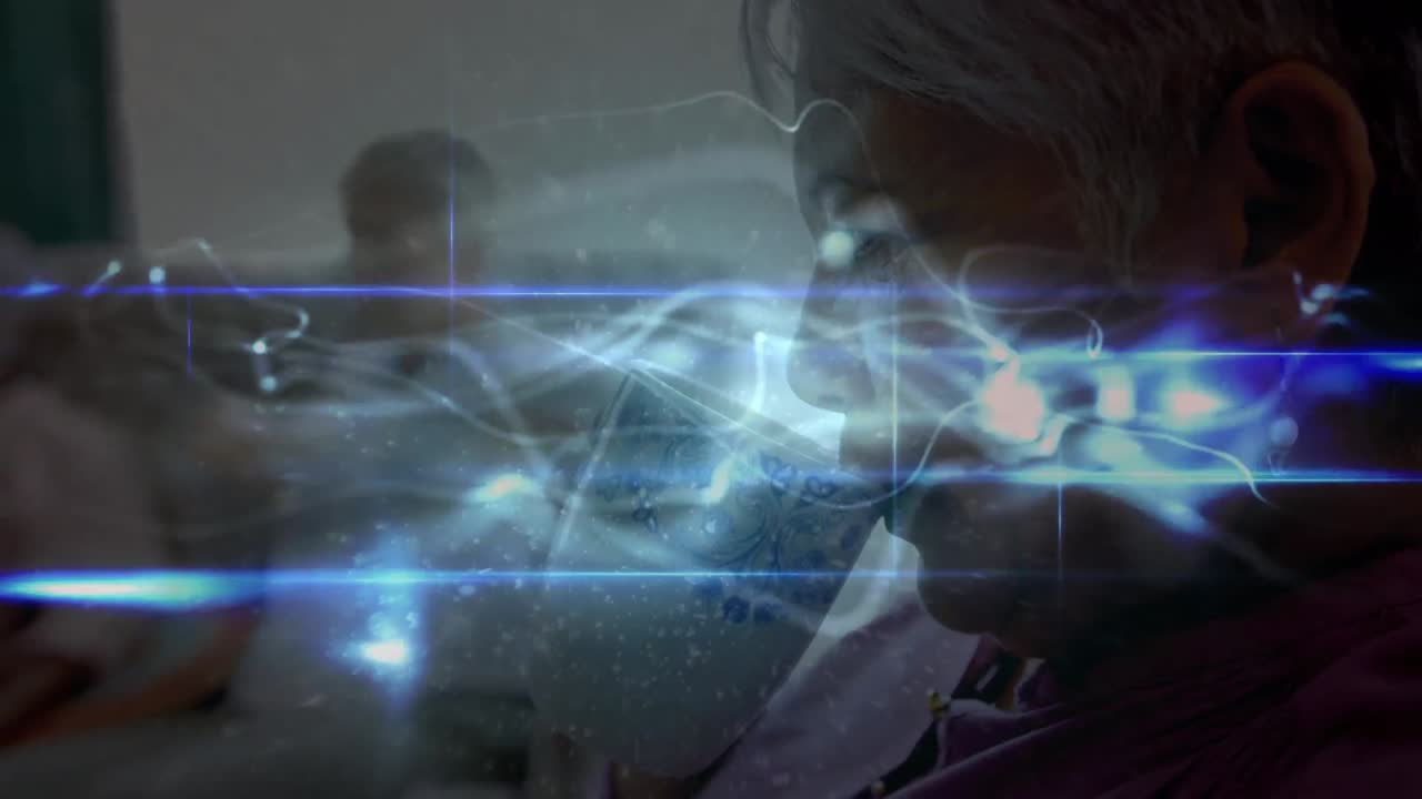 차를 마시는 백인 고령 여성 위에 파란 파도의 애니메이션