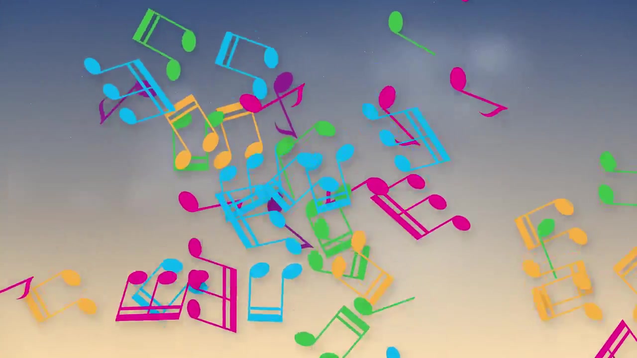 Vibrant musical symbols float and burst across a soft blue and tan gradient background.