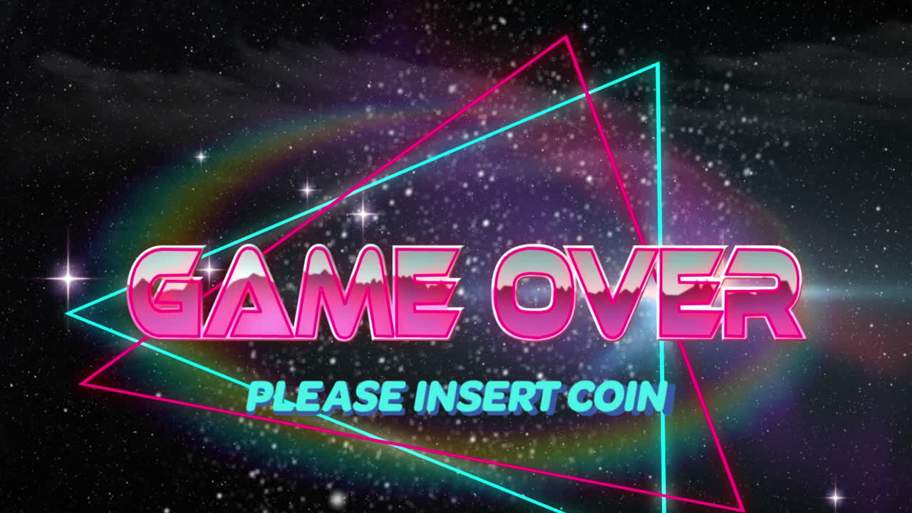 게임이 끝났습니다. 배경의 공간에 삼각형에 동전 텍스트를  ⁇ 입하십시오.