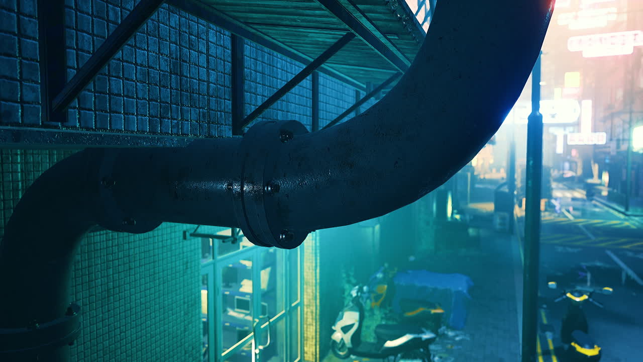 Detailed view of a metallic pipe in a vibrant urban setting at night