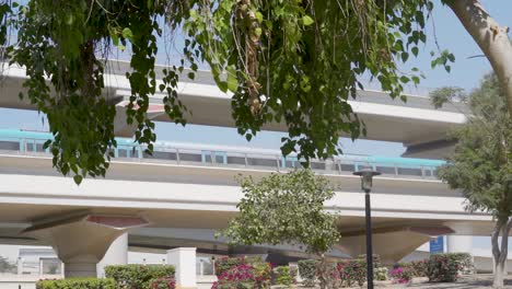 Modern-Train-Running-Across-The-Railroad-Canopied-By-Tree-Foliage-During-Sunny-Day-Near-Al-Rashidiya-Park-In-Dubai,-UAE