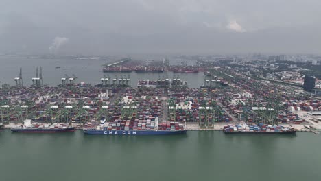 aerial view of a bustling global shipping port with numerous container ships and stacks of cargo