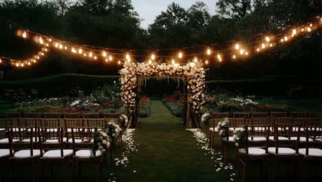 outdoor wedding ceremony setup with floral arch and string lights