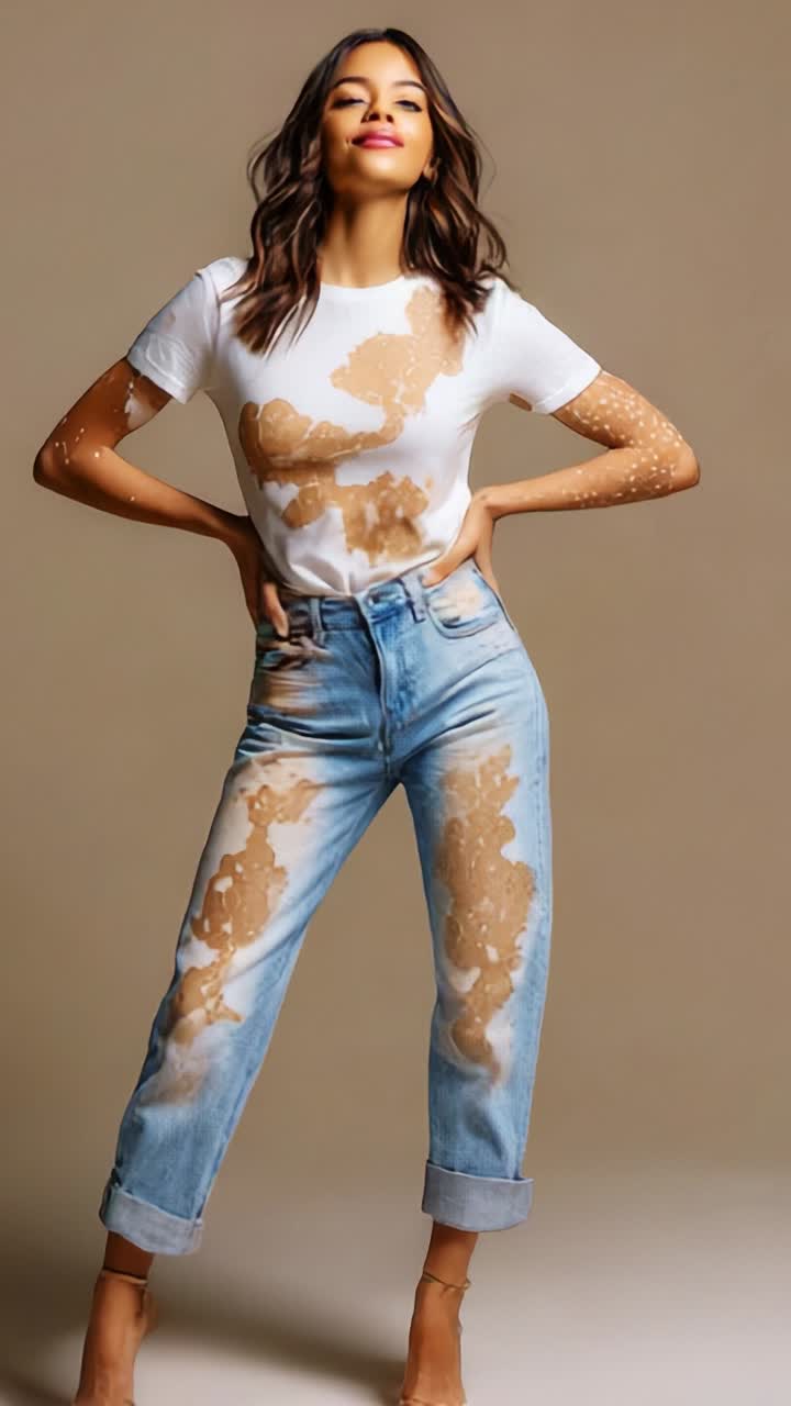 A confident young woman showcases her unique fashion sense in a stylish outfit featuring a playful design, standing elegantly for a captivating pose