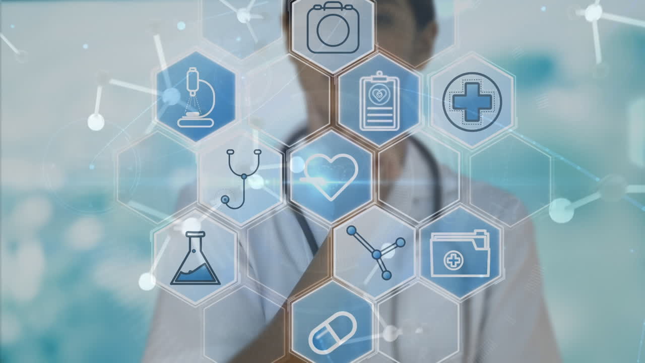 두 인종의 여성 의사에 대한 의학 아이콘과 분자의 애니메이션