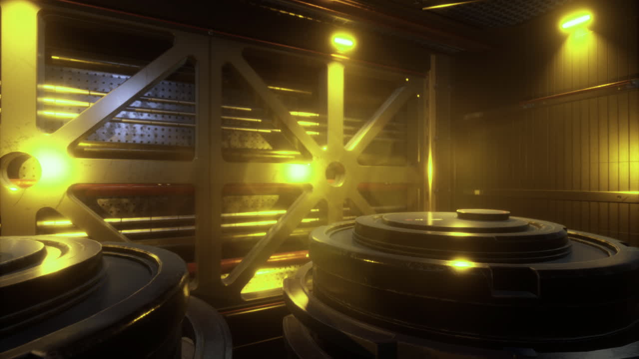 Interior of a high tech vault with glowing lights and metallic components
