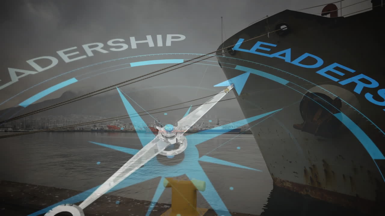 항구 위로 이동하는 나침반의 애니메이션