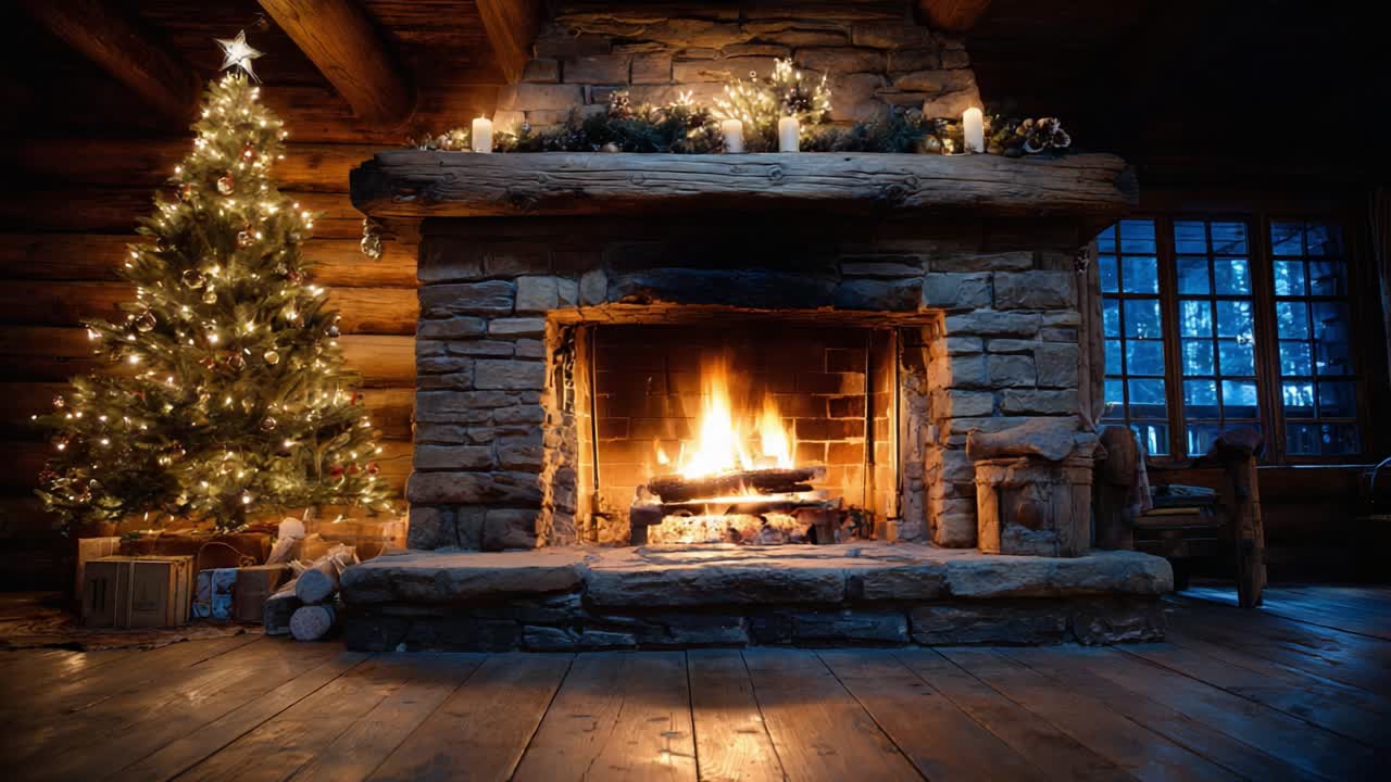 Warm and Cozy Winter Retreat: A Beautifully Decorated Fireplace with a Christmas Tree, Creating a Festive Atmosphere in a Rustic Cabin Setting