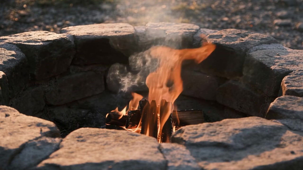 Piccolo fuoco di legna tremolante che si alza dalle braci in un focolare in pietra nel cortile, con fumo che si disperde.