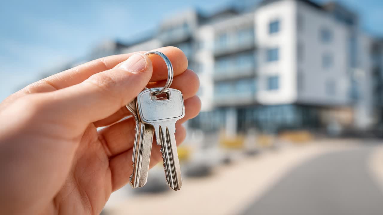 Parlak Bir Günde, Bulanık Modern Bir Apartman Binasının Arka Planına Karşı Odaklanmış Çok Sayıda Anahtarın Bulunduğu Bir Anahtarlığı Tutan El