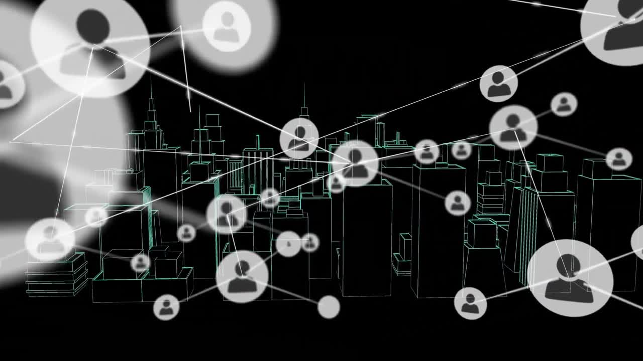Animation of network of connections with icons over 3d city drawing on black background