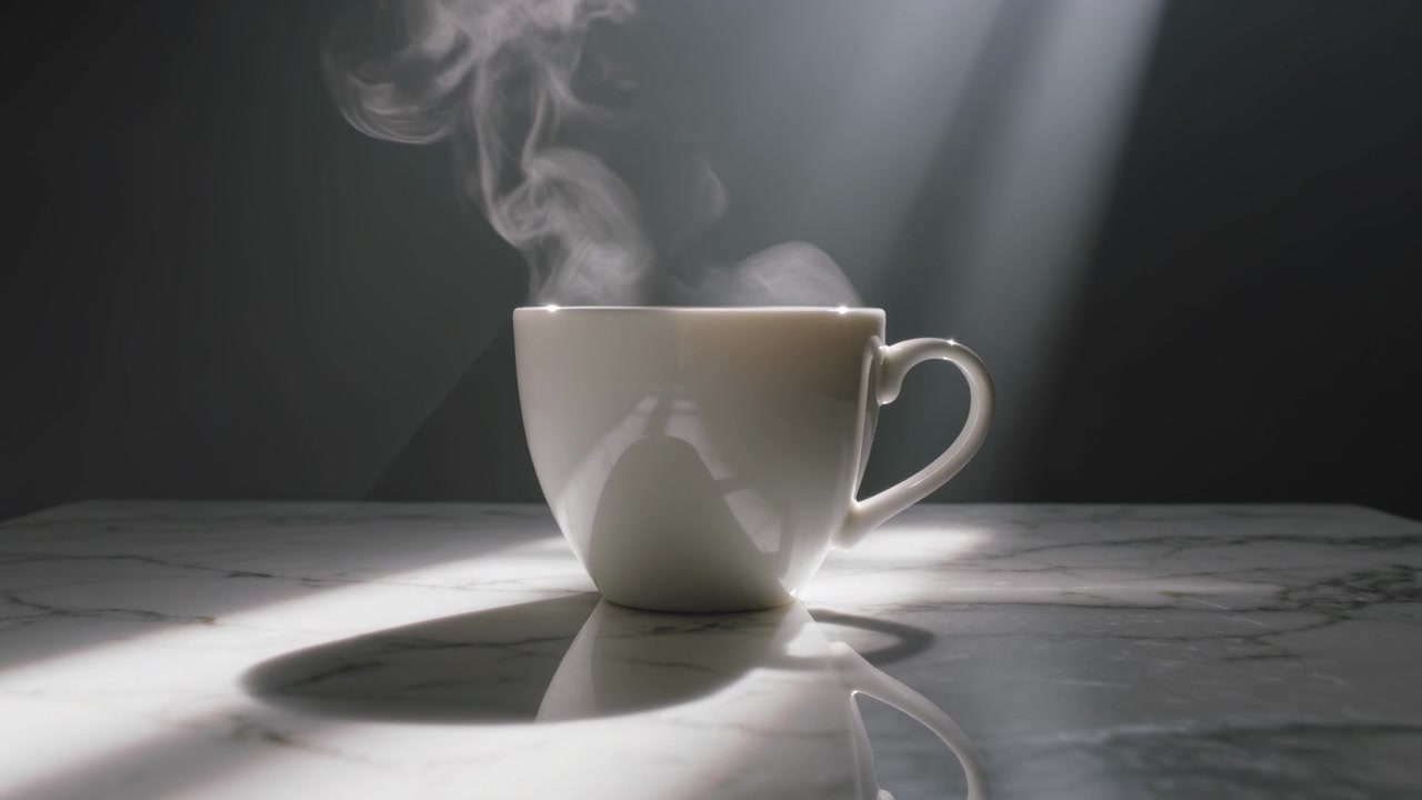 Vapore che sale da liquido caldo in una tazza bianca con manico visibile sul lato destro, che si arriccia e si disperde in studio.