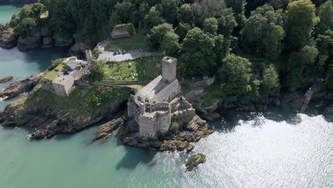 Famous---Historic-Medieval-Dartmouth-Castle-in-Devon,-UK,-Aerial-Drone